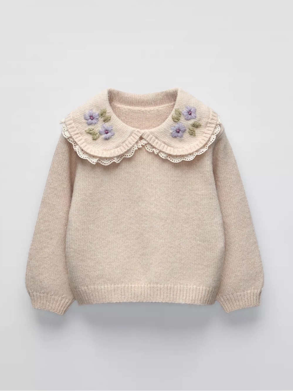 Zara Cream Knit Sweater with Embroidered Peter Pan Collar